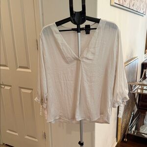 White House Black Market Cream V-Neck Tie-Sleeve Blouse